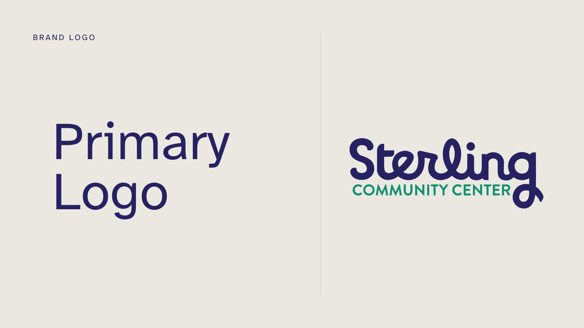 Comparison of two logos side by side, one labeled 'Primary Logo' and the other labeled 'Storing Community Center' in a stylized font.