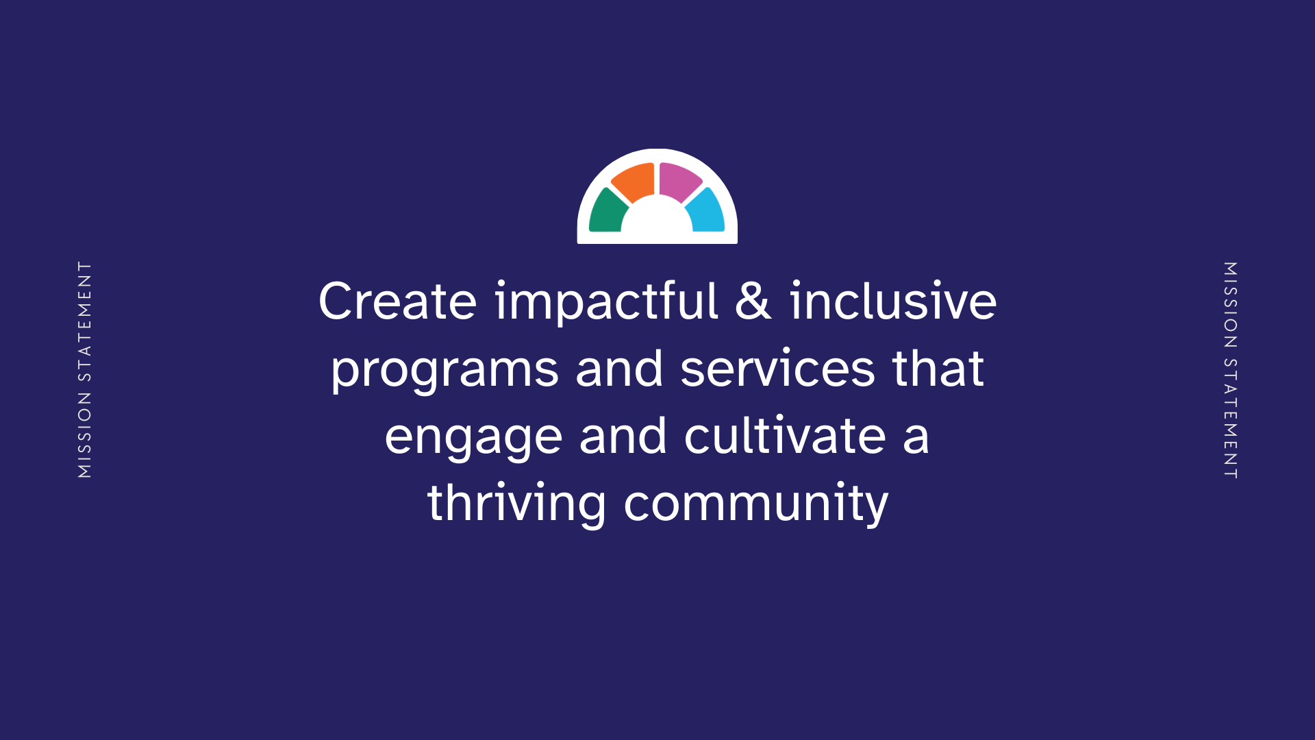 Mission statement text on a blue background, with a colorful gauge icon above. The statement encourages creating impactful and inclusive programs and services to engage and cultivate a thriving community.