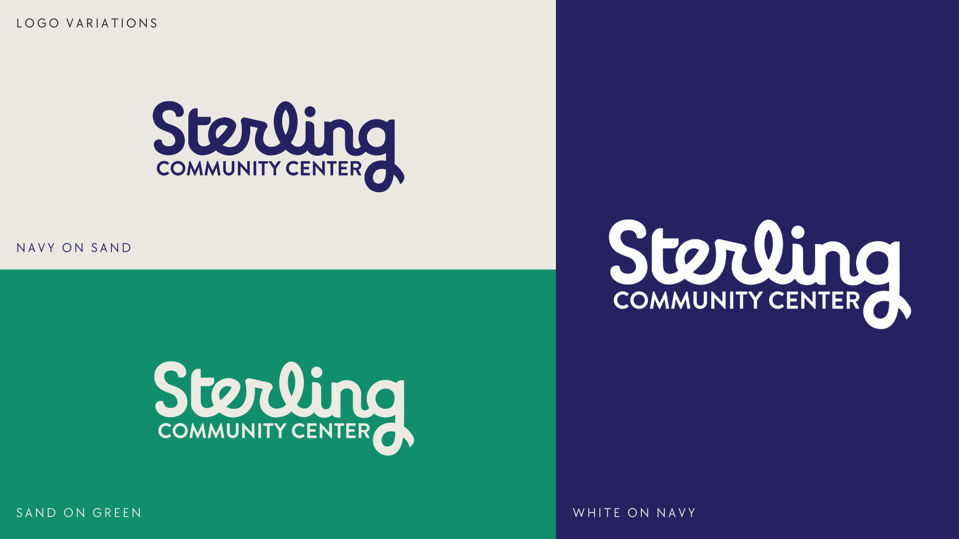 A collage of three variations of the Sterling Community Center logo. The first has dark blue text on a white background with small text 'Logo Variations' on the top left and 'Navy on Sand' on the bottom left. The second has white text on a navy blue 