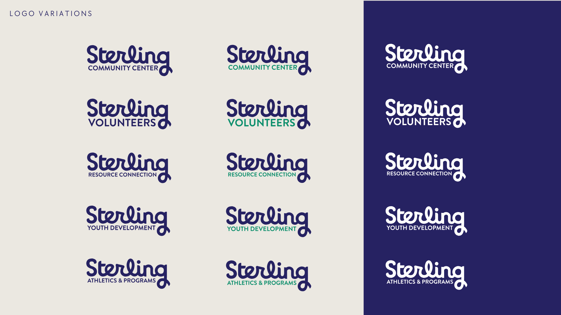 Display of logo variations for Sterling Community Center, Volunteers, Resource Connection, Youth Development, and Athletics & Programs, in different styles and colors, with some logos in navy blue and white, on a presentation slide.