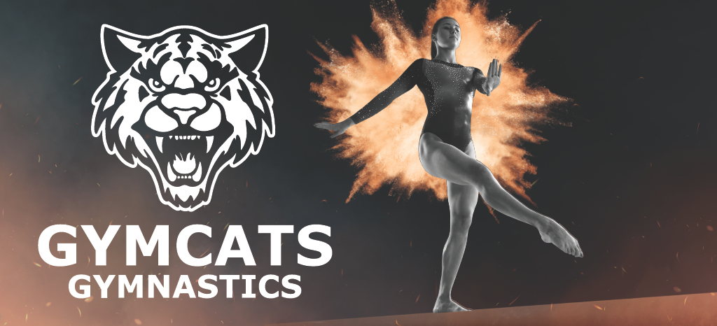 A gymnast performs on a balance beam with a fiery background and a lion logo, with the text "GYMCATS GYMNASTICS" in the foreground.