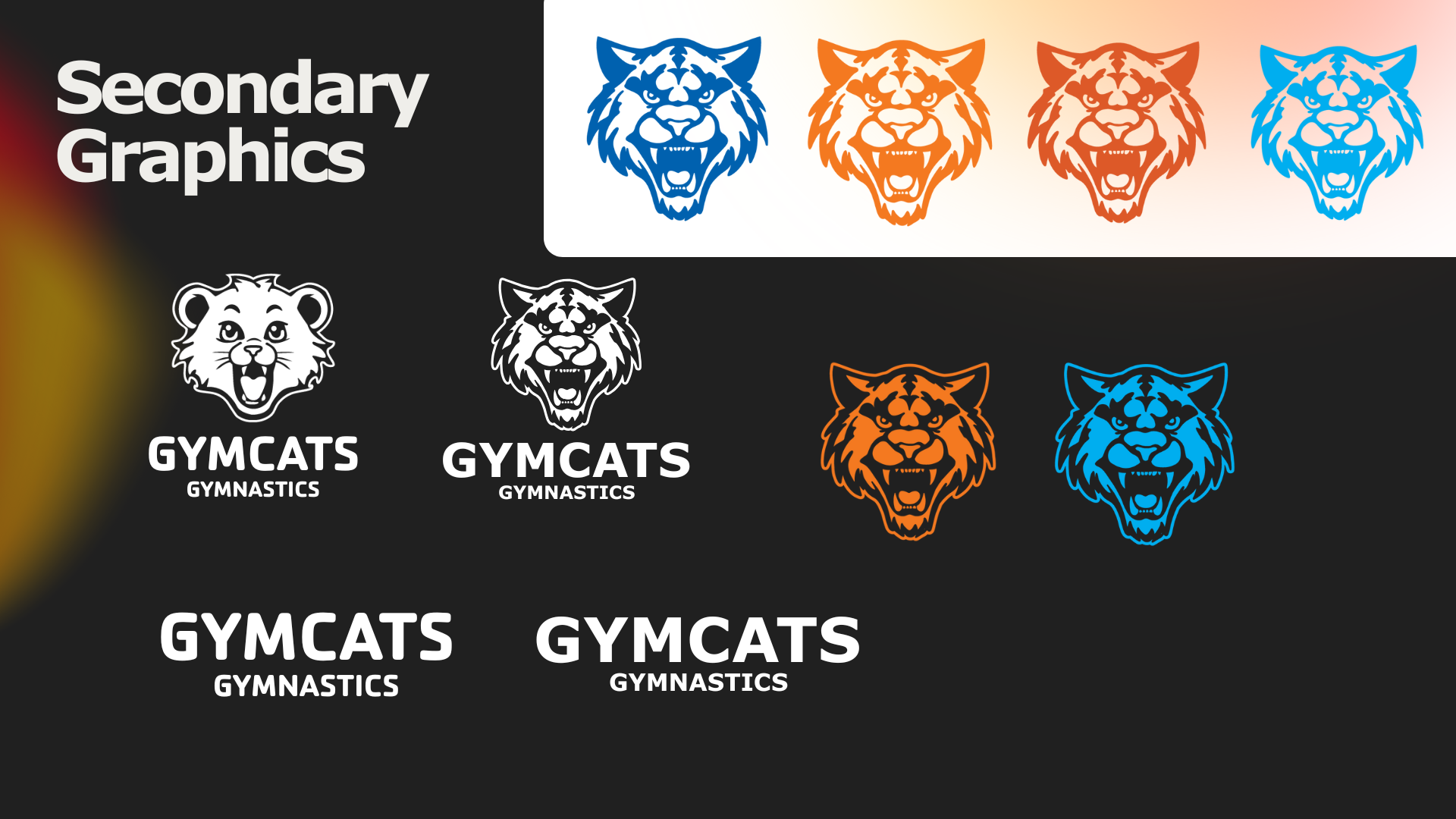 Designs of lion and tiger heads in different colors and styles for Gymcats Gymnastics branding, displayed on a black background.