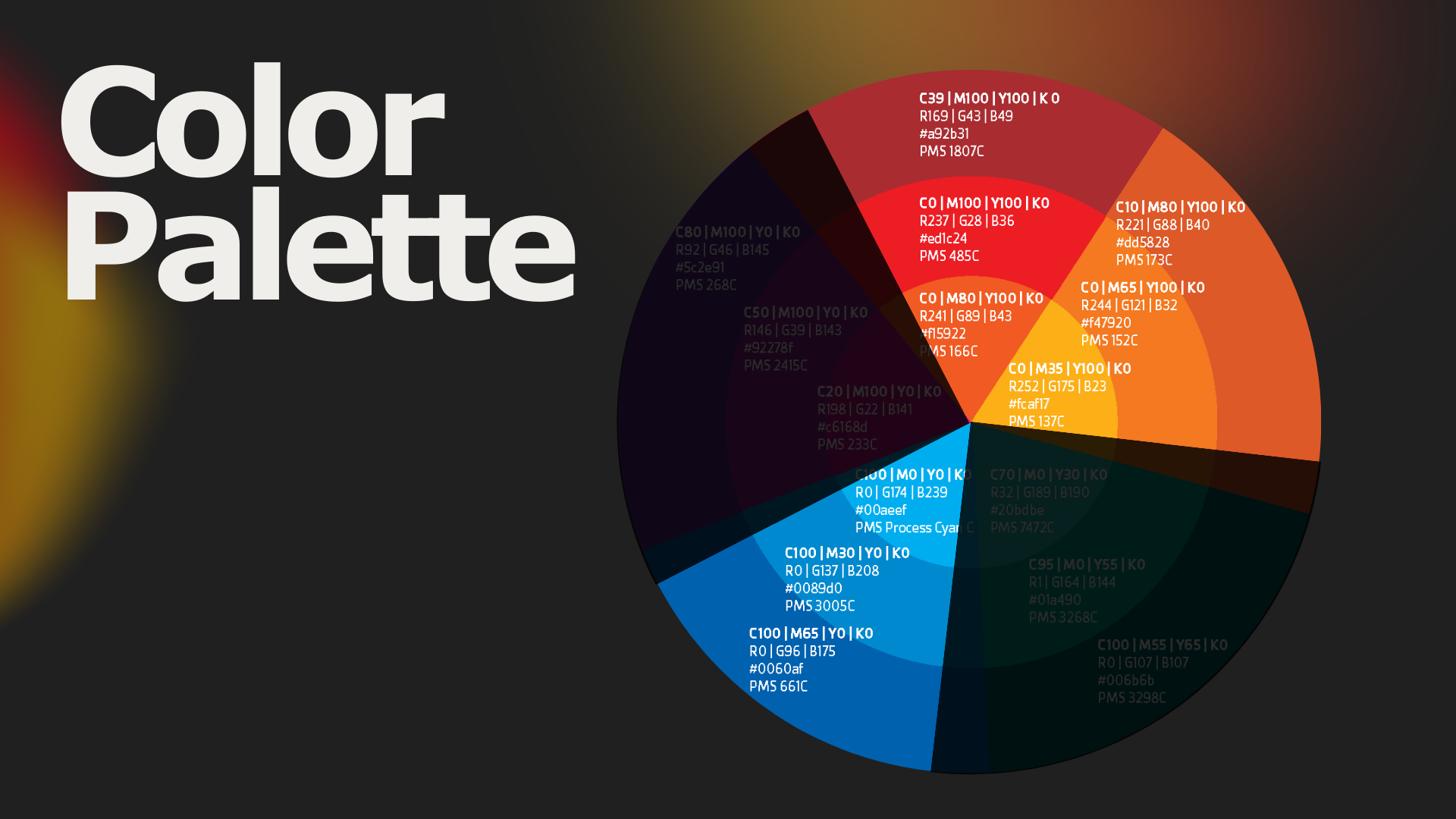 Color palette pie chart showing various color groups with hex codes and properties on a dark background, titled 'Color Palette' in large white text.