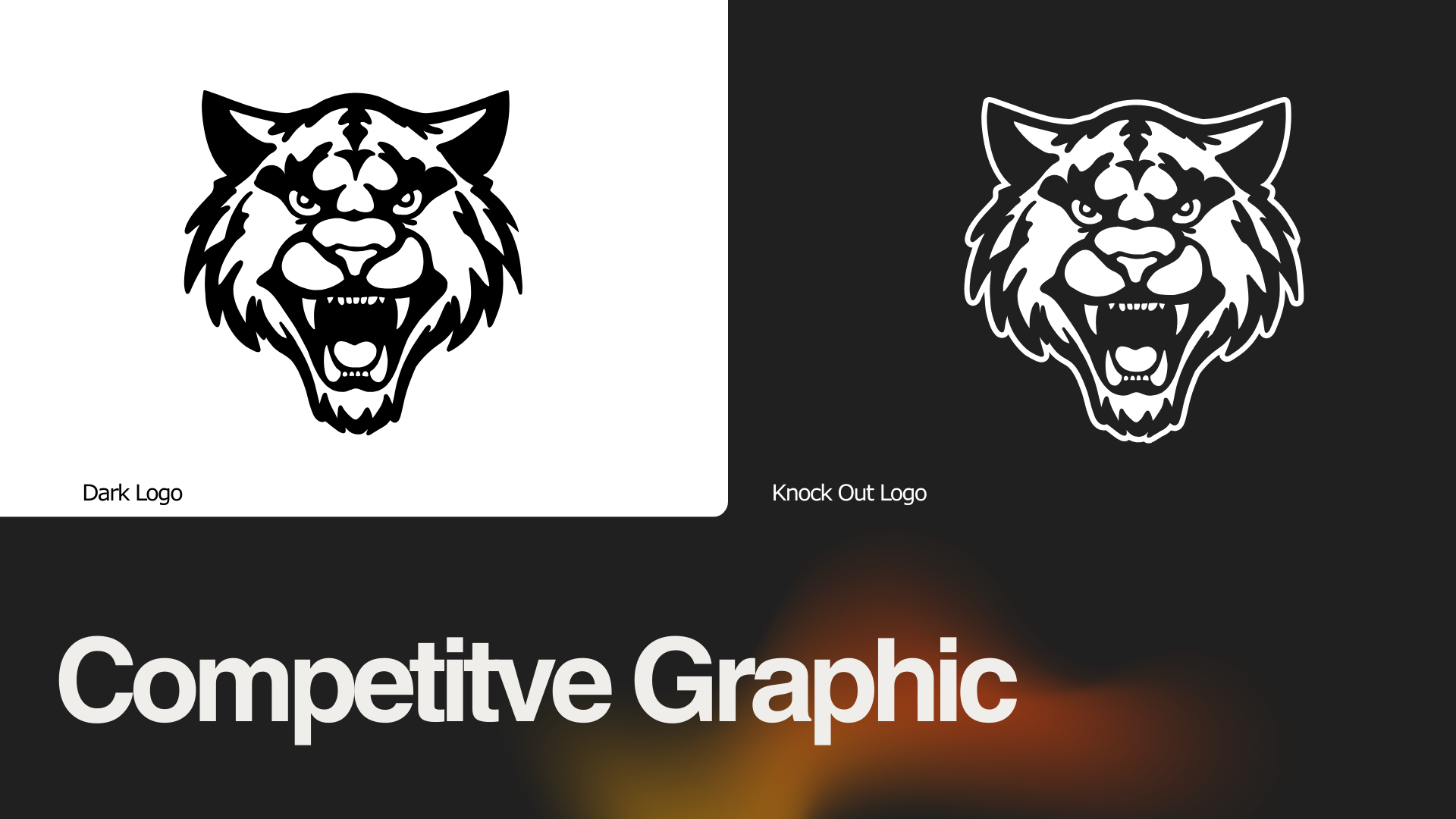 Comparison of two animal face logos: a dark-themed line drawing of a fierce, roaring big cat, labeled 'Dark Logo,' and a white outline of the same big cat on a black background, labeled 'Knock Out Logo.'