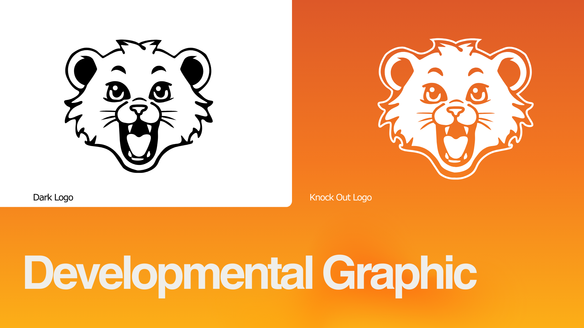A side-by-side comparison of two lion head logos: a black outline version labeled 'Dark Logo' on the left and a white outline version, called 'Knock Out Logo', on an orange gradient background. Below them, the text 'Developmental Graphic' is written 