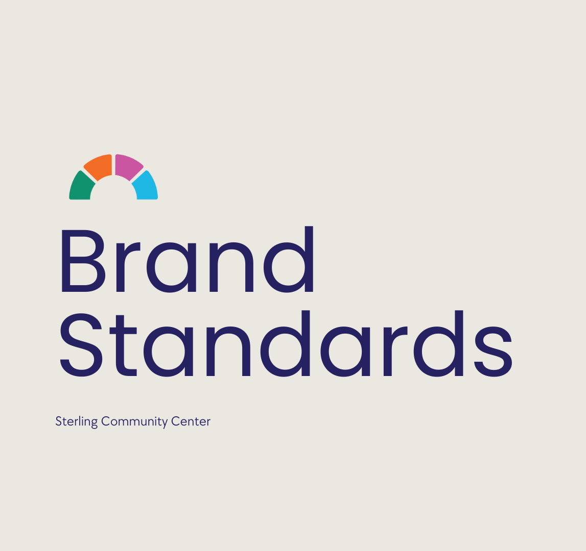 Cover slide of a presentation titled 'Brand standards' with a multicolor semi-circular logo on a light background, and smaller text 'Sterling Community Center' at the bottom.