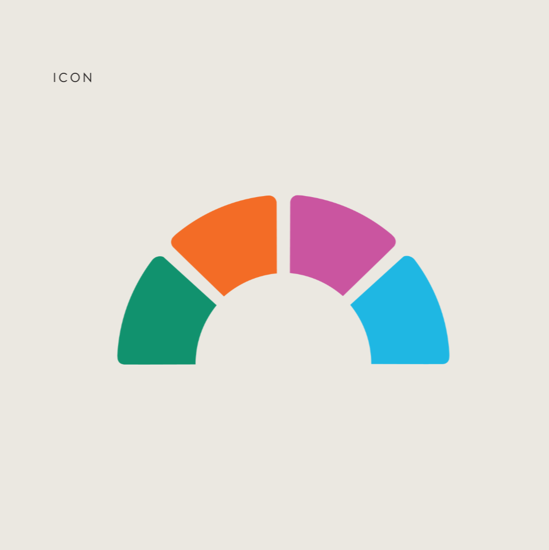 Colorful semi-circular infographic with five segments in green, orange, purple, pink, and blue, labeled 'ICON' in the top left corner.