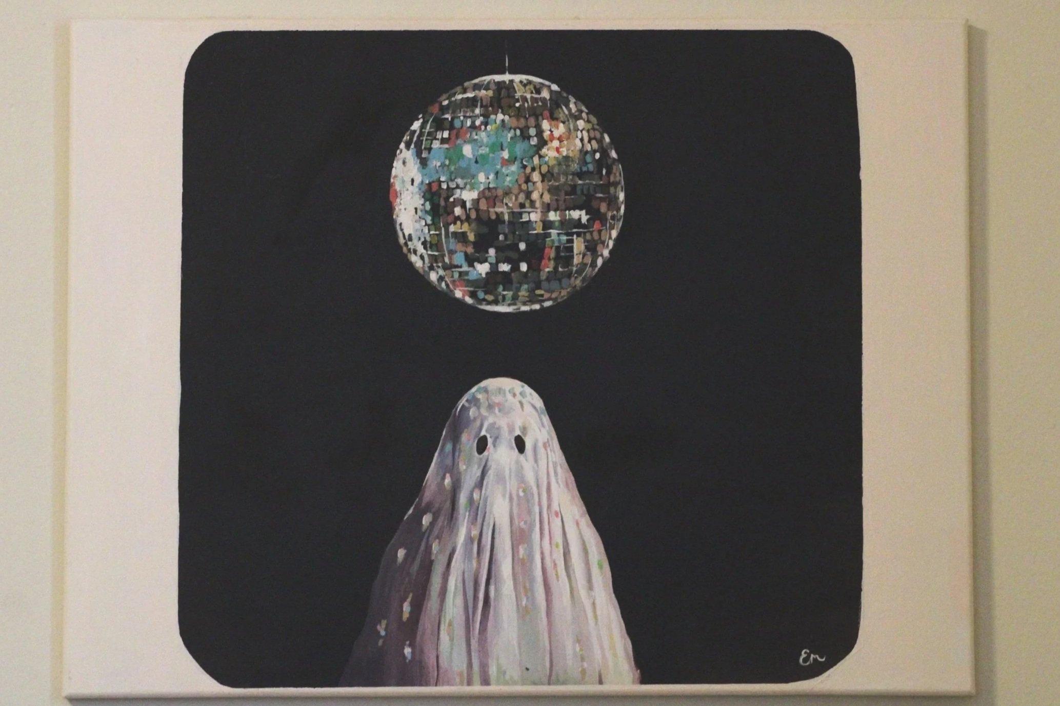 Painting of a ghost-like figure with a flowing, light-colored sheet and two eyeholes, looking at a floating, colorful disco ball in a black void with a white border.