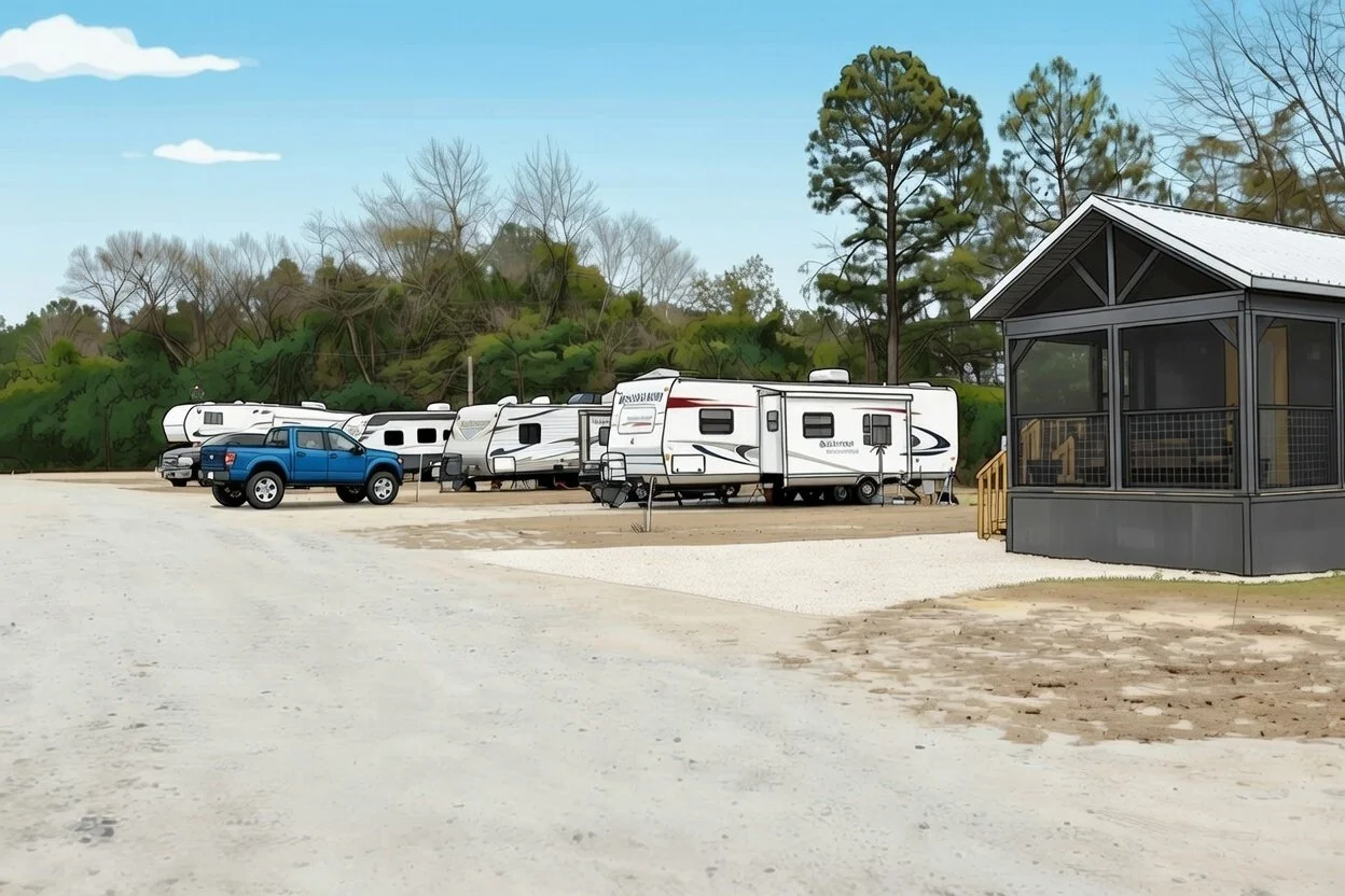 A campsite with several RV campers and a blue pickup truck, next to our onsite Tiny Home, set against a background of trees and a partly cloudy sky.