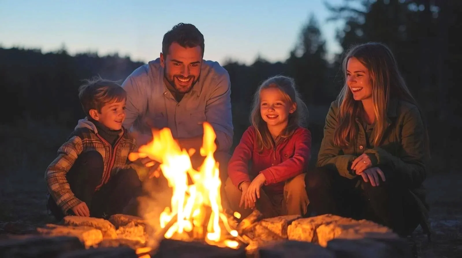 A family of five, including two adults and three children, sitting around a campfire outdoors during dusk, smiling and enjoying each other's company.