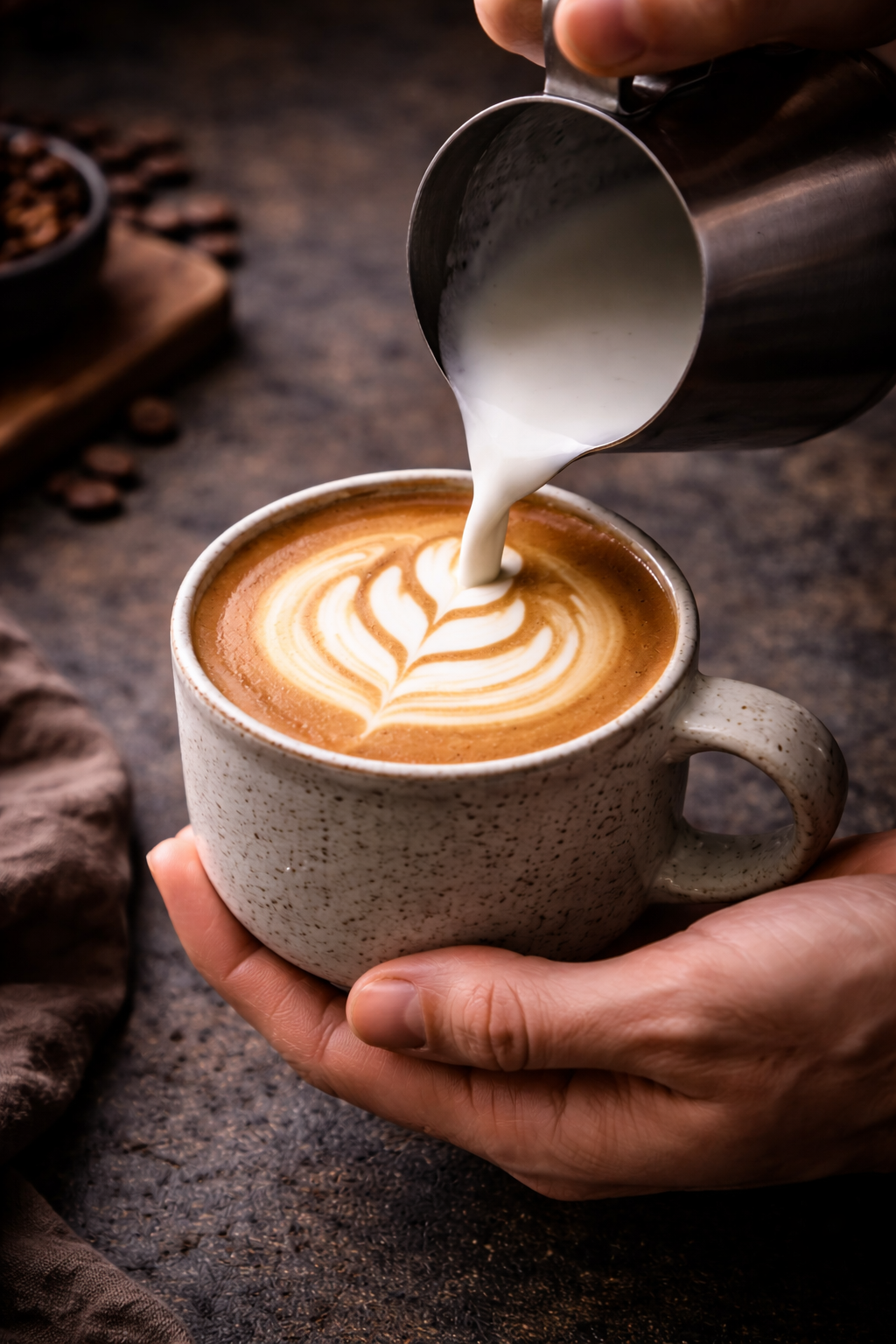 A person pouring steamed milk into a cup of coffee, creating latte art with a swirled heart pattern.