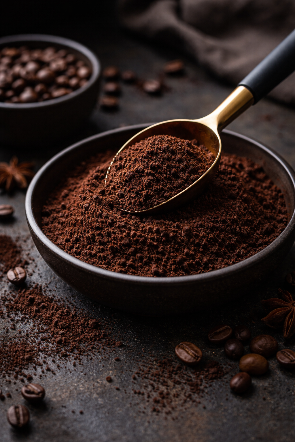 Close-up of a black bowl filled with ground coffee, with a gold-handled scoop resting on top. scattered whole coffee beans are around the bowl on a dark surface.