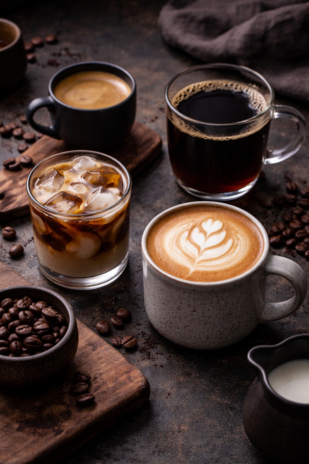 Various coffee drinks on a rustic surface, including a latte with latte art, iced coffee with ice cubes, black coffee in a glass mug, and an espresso in a black mug. Coffee beans and a small pitcher of cream are also visible.