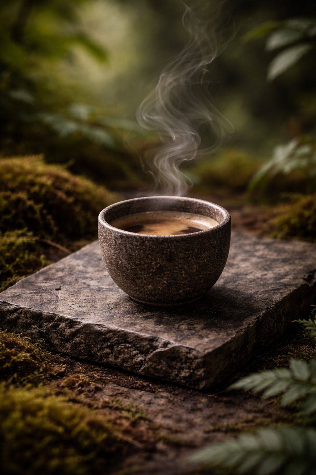 A steaming cup of hot coffee or tea in a textured dark ceramic cup, placed on a rough stone slab outdoors in a green, wooded setting.