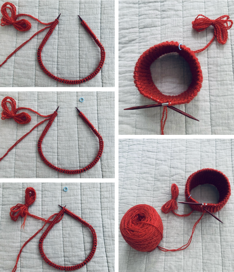 knitting process red hat and yarn