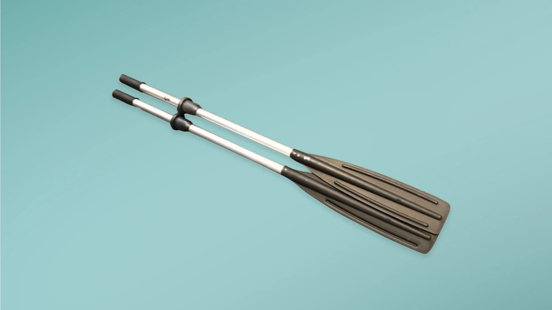 A pair of oars with black handles and silver shafts lying on a light blue background.