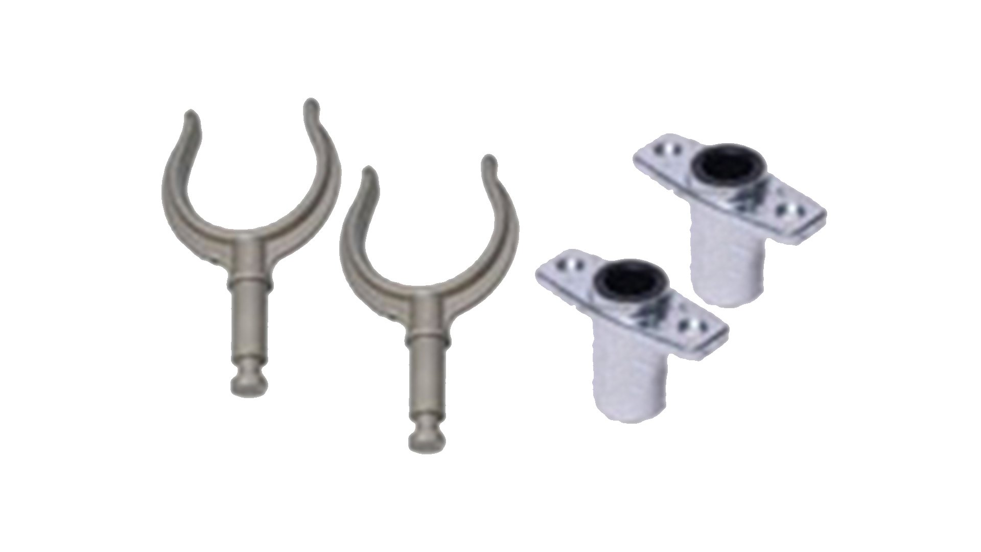 Two U-shaped metal hooks and two adjustable metal mount brackets.