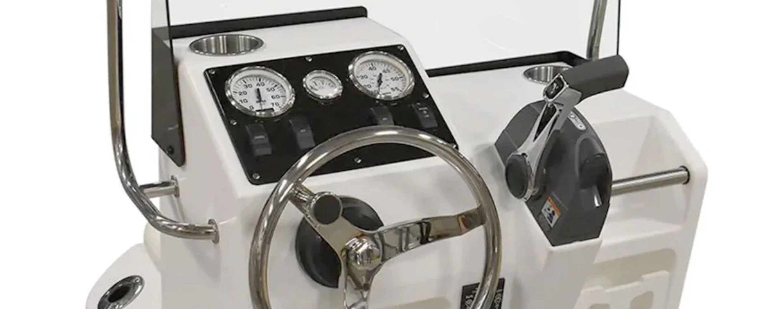 Close-up of a white boat steering console with gauges, a steering wheel, throttle, and various controls.