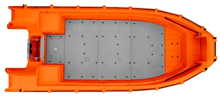 Top-down view of an orange toy boat with a gray interior deck.