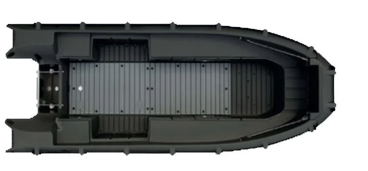 Top view of a black inflatable boat with a ribbed floor and pointed bow.