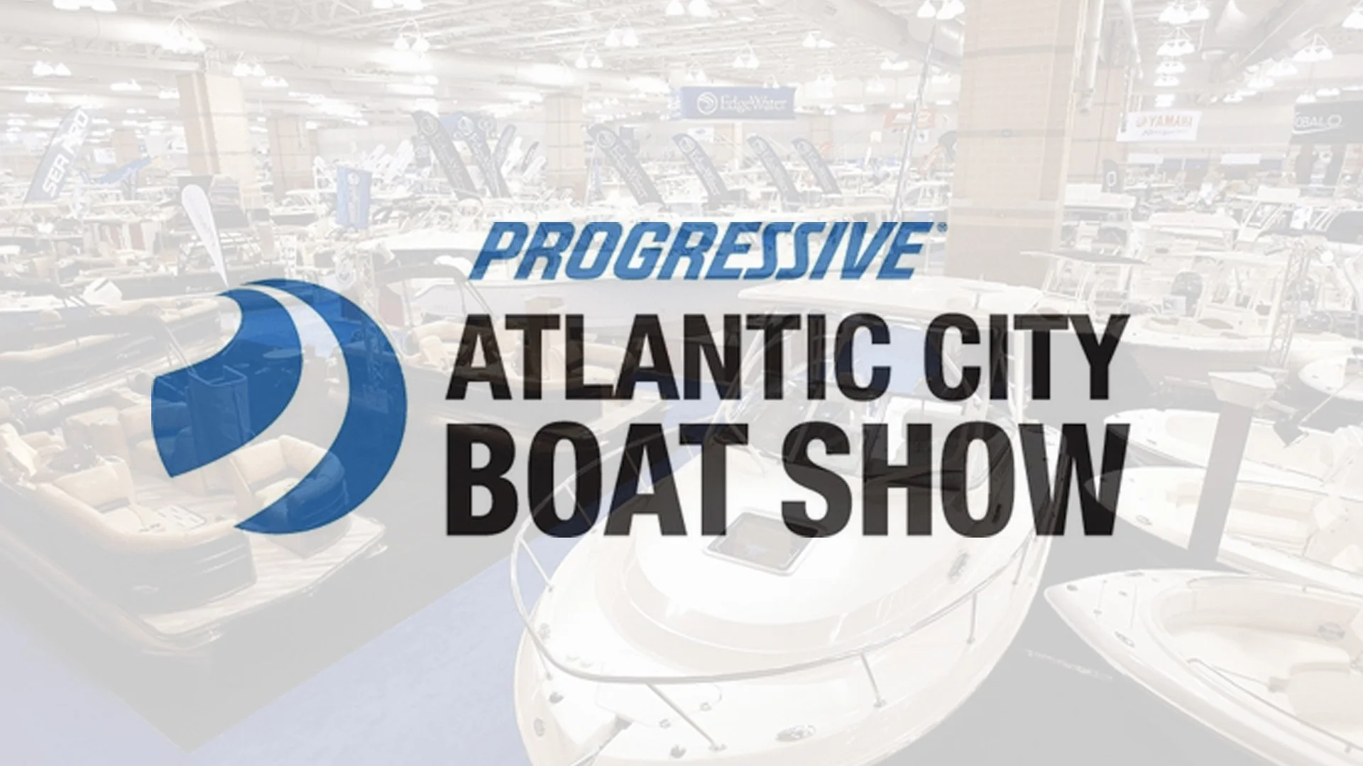 Logo and text overlay for the Atlantic City Boat Show, displayed over a blurred background of boats and a boat dealership or exhibit.