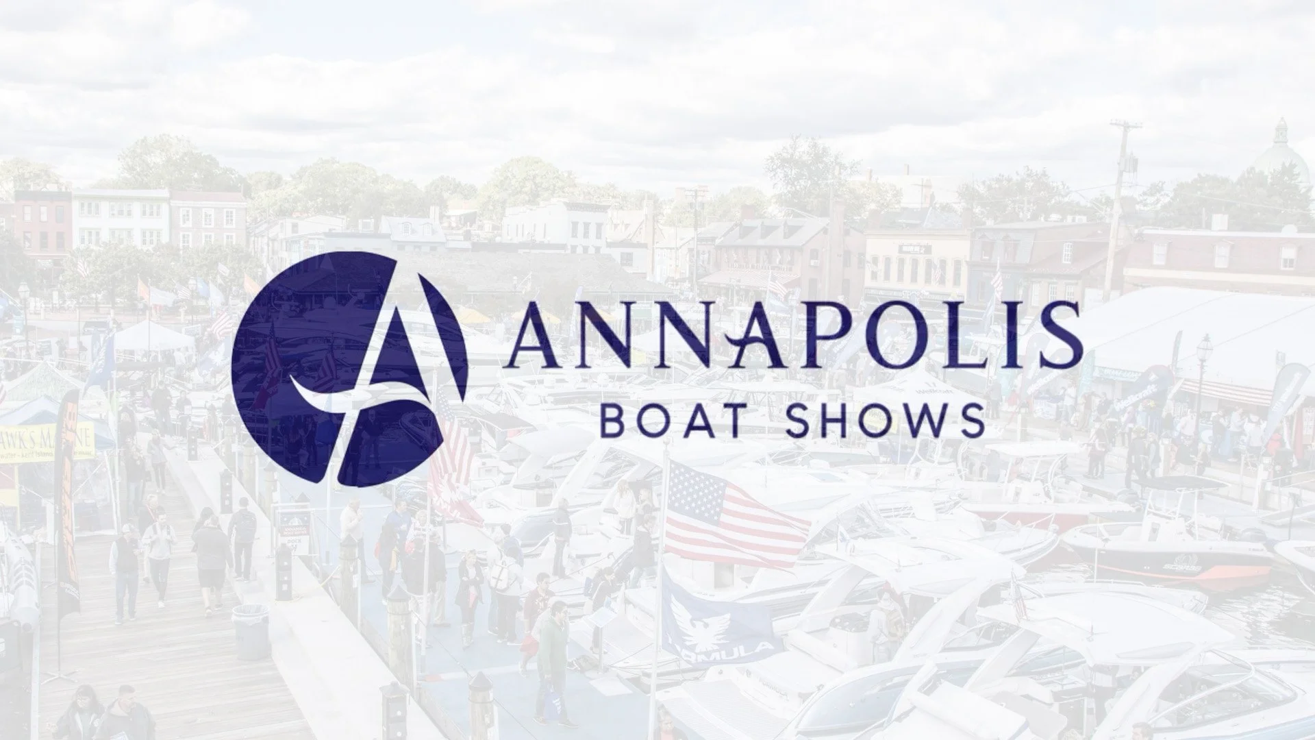 Logo for Annapolis Boat Shows with a stylized sailboat and the text 'Annapolis Boat Shows' over a background of a busy dock with boats and people.