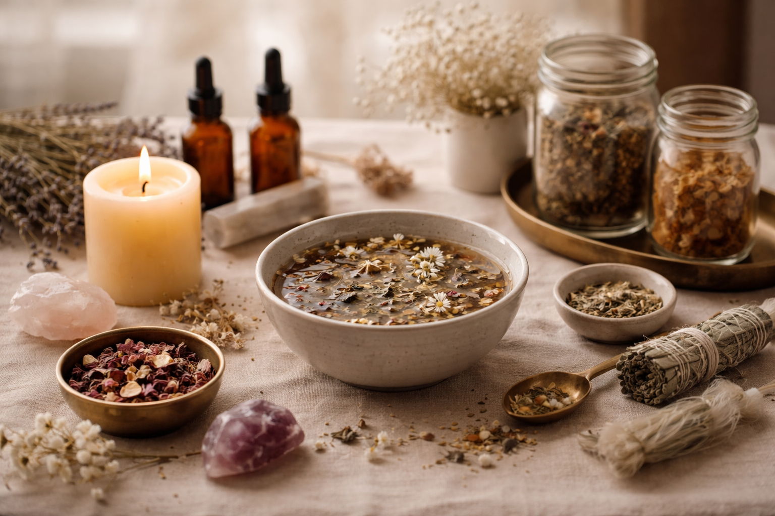 A spa or herbal tea setup featuring a lit candle, bowls of dried herbs, flowers, and essential oils, with a bowl of herbal tea garnished with flowers at the center.