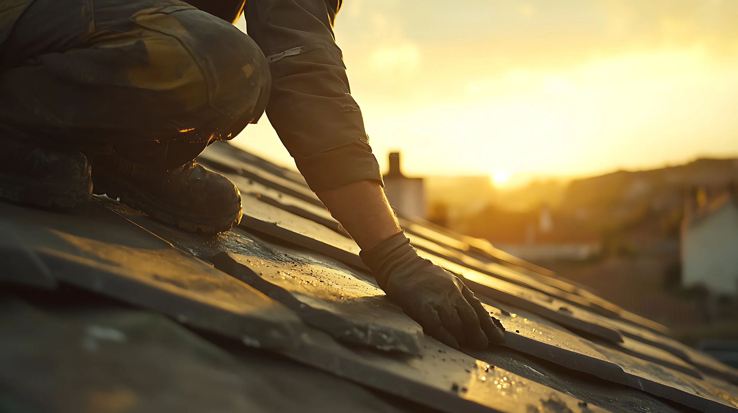 Roofer inspecting shingles at sunset