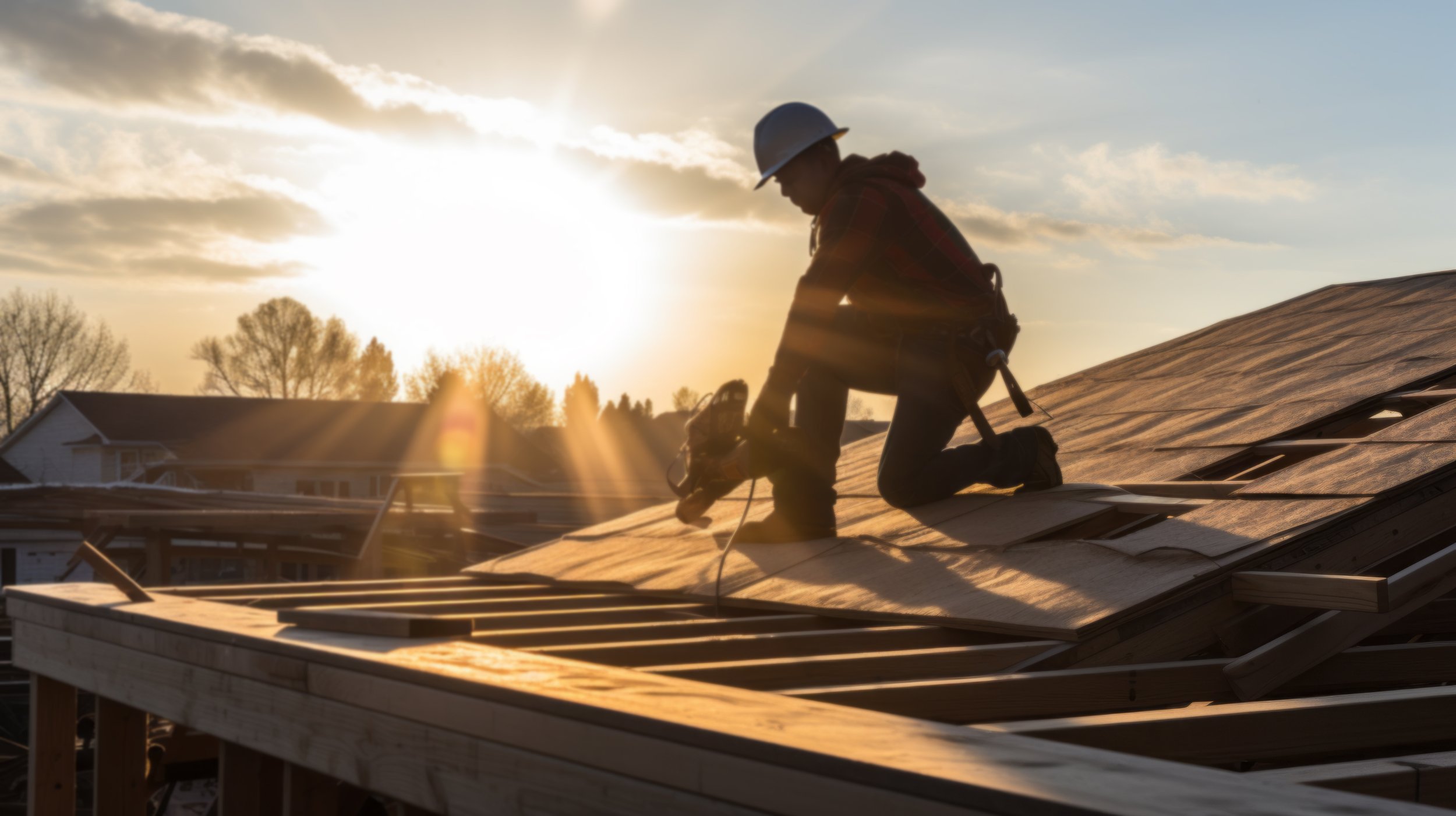 Roofer kneeling on a roof at sunset