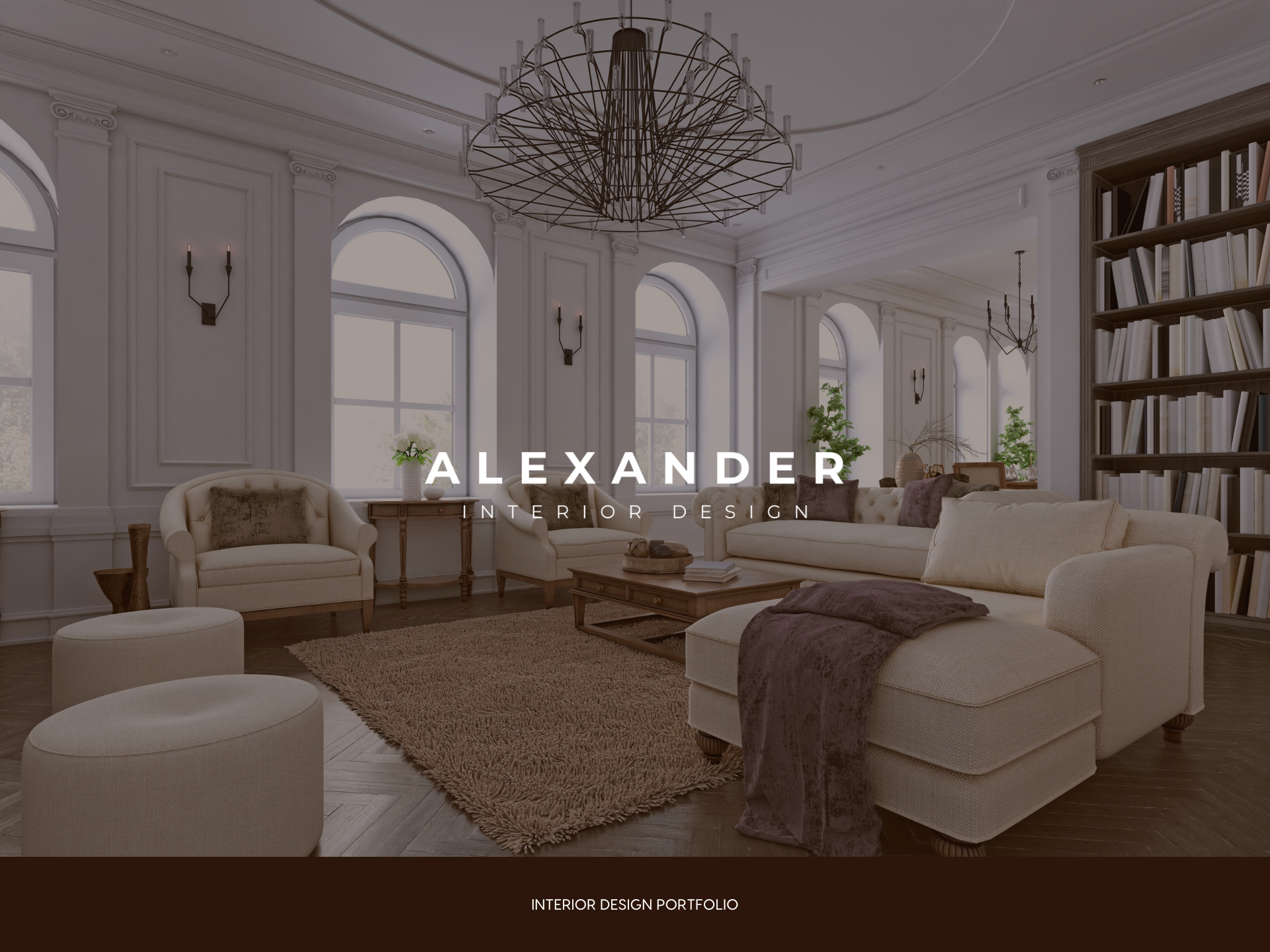 Interior Design Portfolio Cover with a beautiful living room space with traditional and contemporary design items