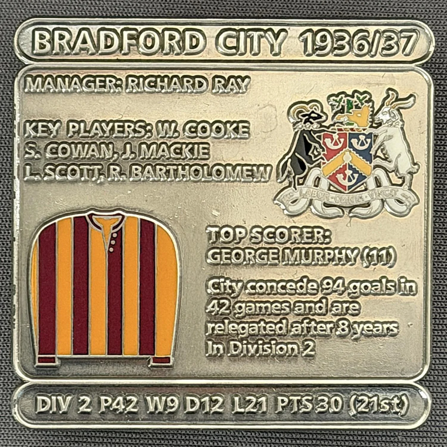 Reference Number: BCDEC073
Size: H 41.1 mm x W 42 mm
Pin Type: Double Metal Clutch
Plating: Antique Silver
Value: £8
Manufacturer: Historic Sports Badges Ltd
Comments: 1936/37 Season