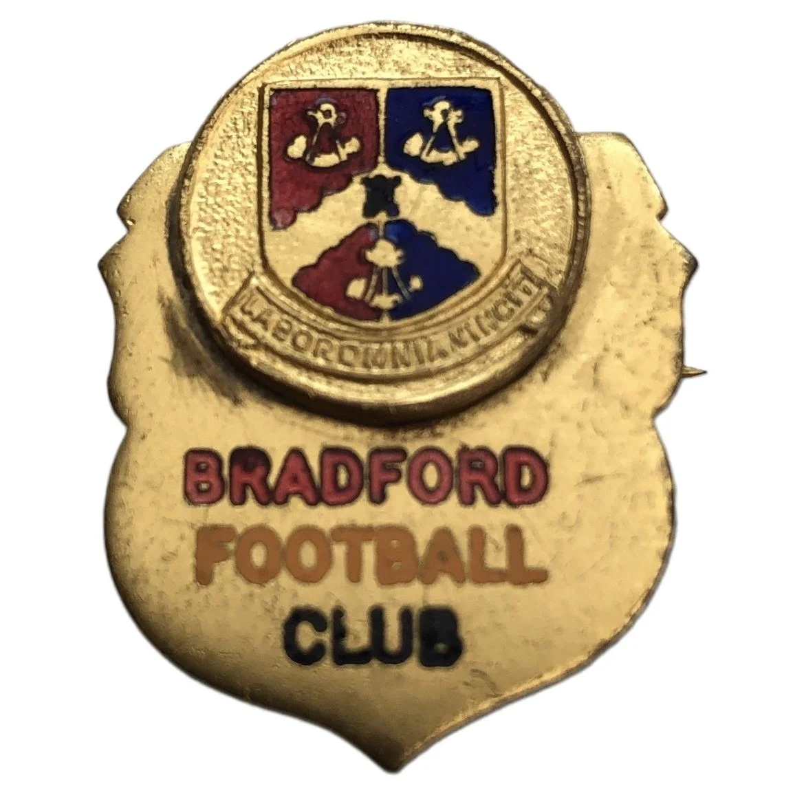 A vintage Bradford Football Club pin or badge with a gold shield, featuring a crest with three sections and a banner with the club's name.