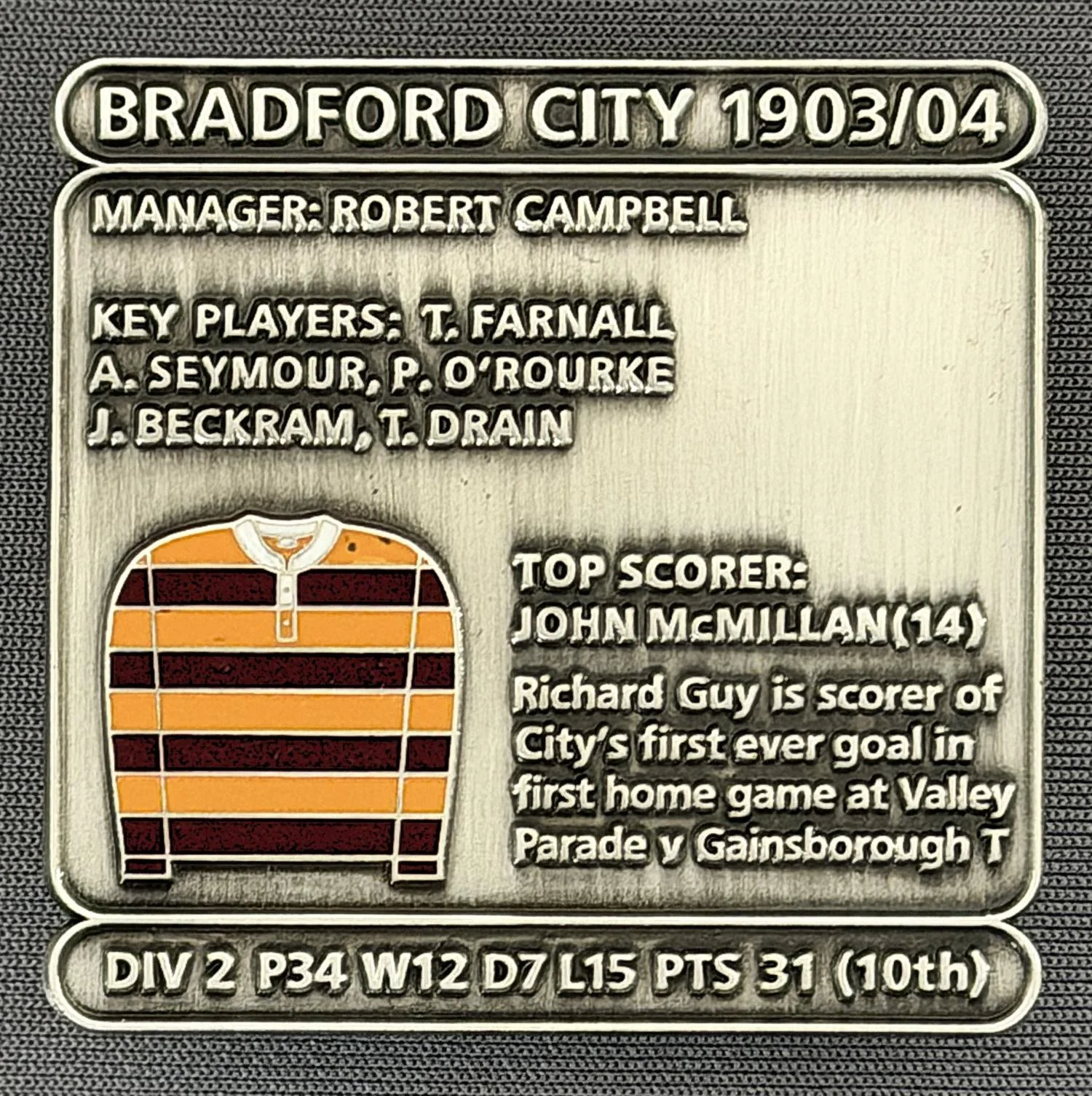Reference Number: BCDEC010
Size: H 41.1 mm x W 42 mm
Pin Type: Double Metal Clutch
Plating: Antique Silver
Value: £8
Manufacturer: Historic Sports Badges Ltd
Comments: 1903/04 Season