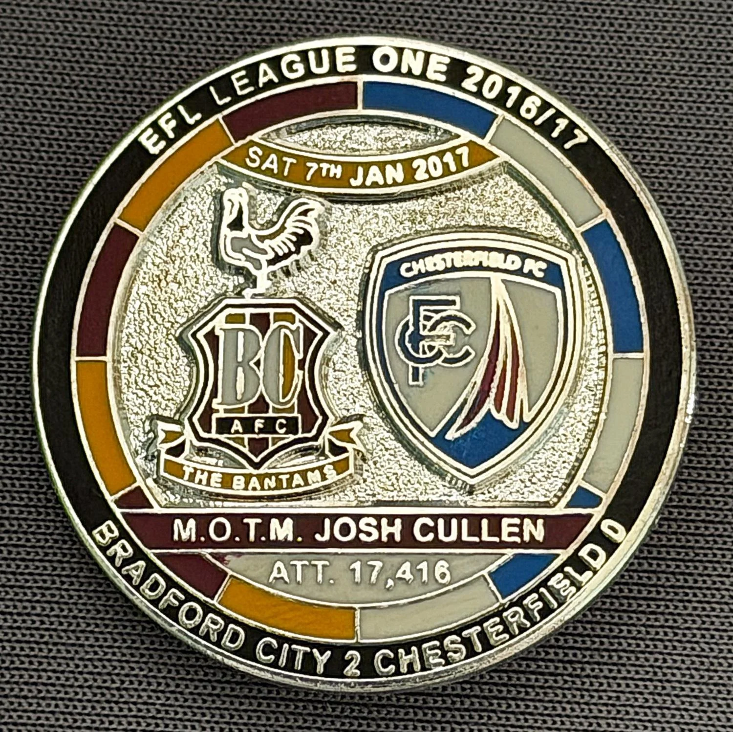 Reference Number: BCFIX405
Size: D 29.4 mm
Pin Type: Brooch Pin
Plating: Nickel
Value: £10
Manufacturer: Bradford City Badges
Comments: Bradford City v Chesterfield 2016/17, Limited Edition of 10 Badges (Nickel Version)