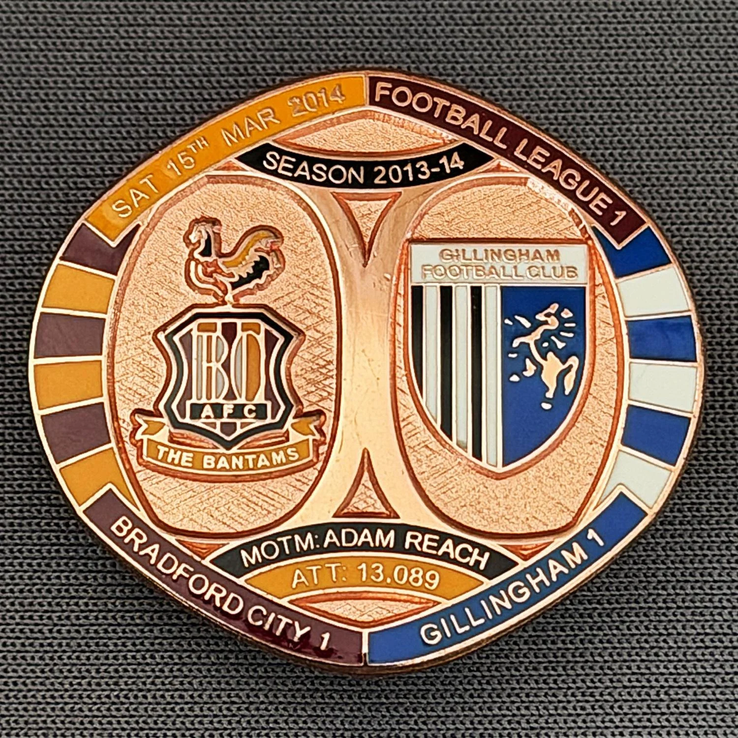 Reference Number: BCFIX249
Size: H 26.3 mm x W 28.9 mm
Pin Type: Brooch Pin
Plating: Copper
Value: £12
Manufacturer: Bradford City Badges
Comments: Bradford City v Carlisle United 2013/14  Limited Edition of 1 Badge (Copper Version)