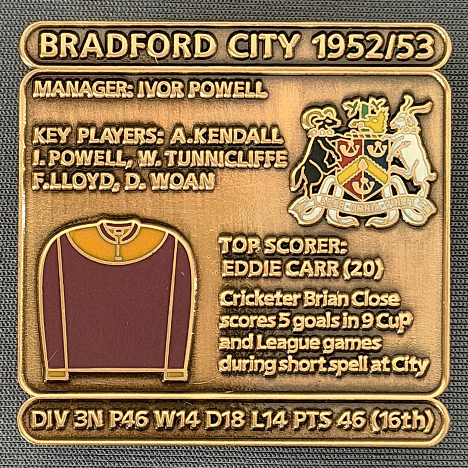 Reference Number: BCDEC099
Size: H 41.1 mm x W 42 mm
Pin Type: Double Metal Clutch
Plating: Antique Gold
Value: £8
Manufacturer: Historic Sports Badges Ltd
Comments: 1952/53 Season
