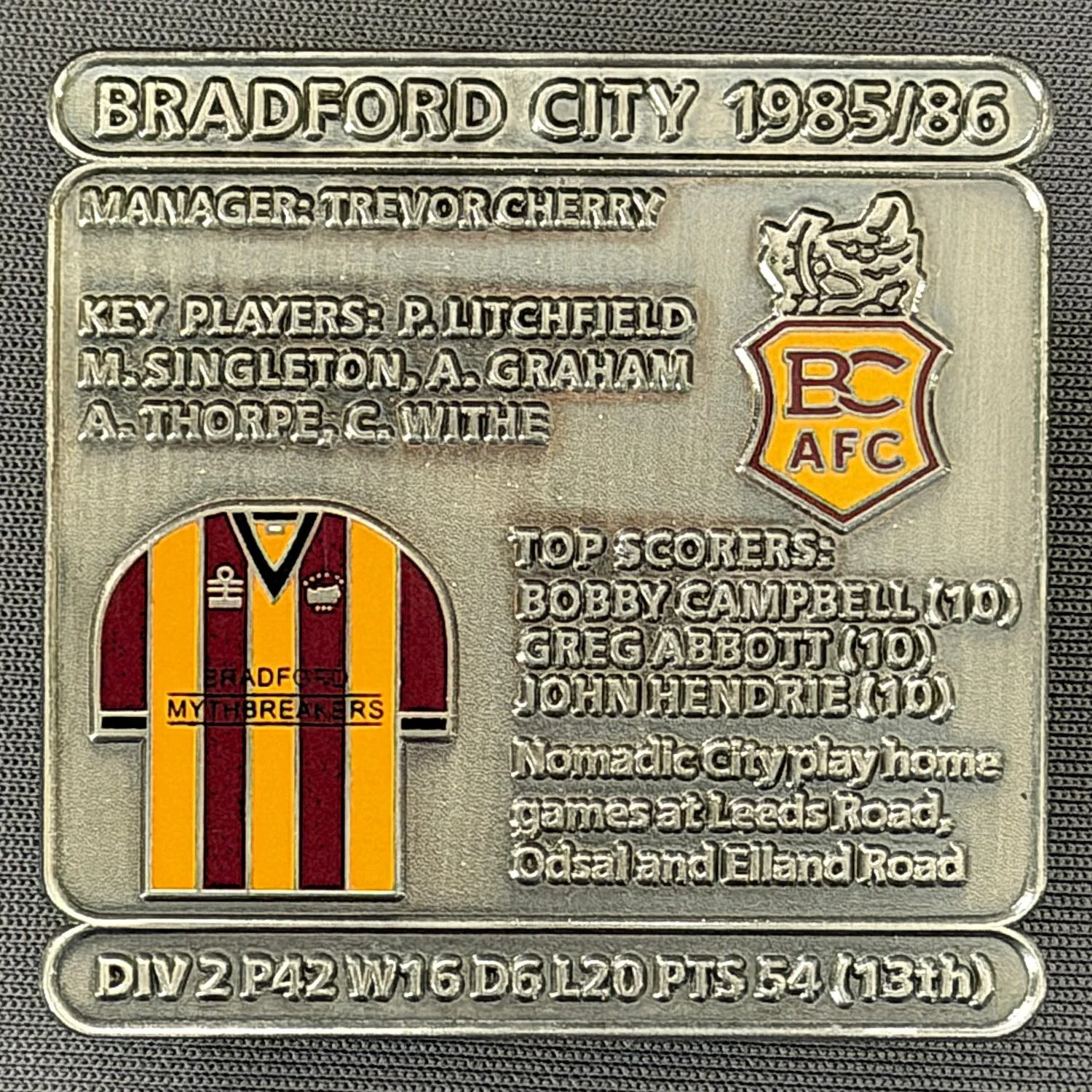 Reference Number: BCDEC172
Size: H 41.1 mm x W 42 mm
Pin Type: Double Metal Clutch
Plating: Antique Silver
Value: £8
Manufacturer: Historic Sports Badges Ltd
Comments: 1985/86 Season