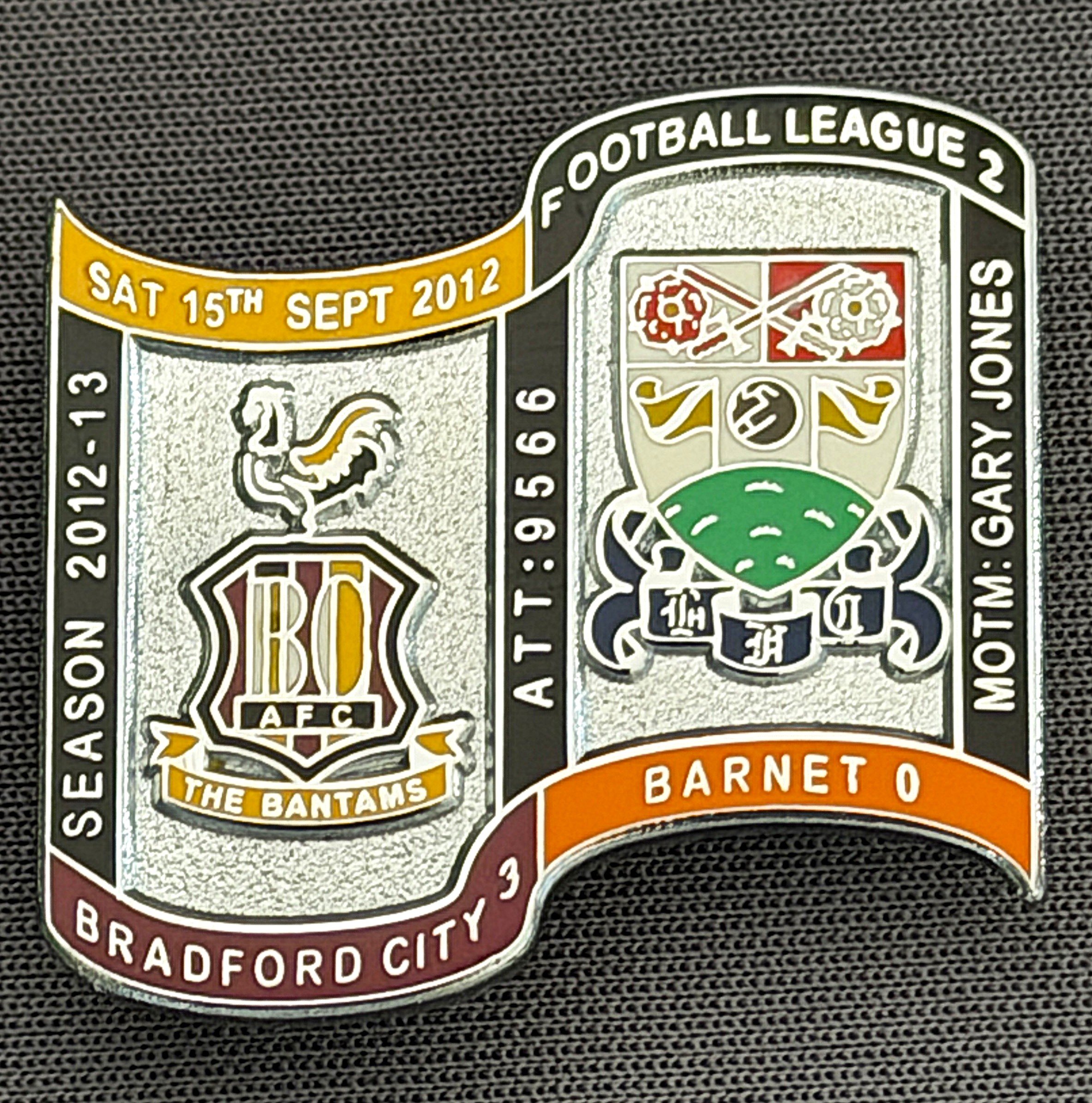 Reference Number: BCFIX141
Size: H 26.9 mm x W 29.2 mm
Pin Type: Brooch Pin
Plating: Chrome
Value: £10
Manufacturer: Bradford City Badges
Comments: Bradford City v Barnet  2012/13 Limited Edition 10 Badges (Silver Version)