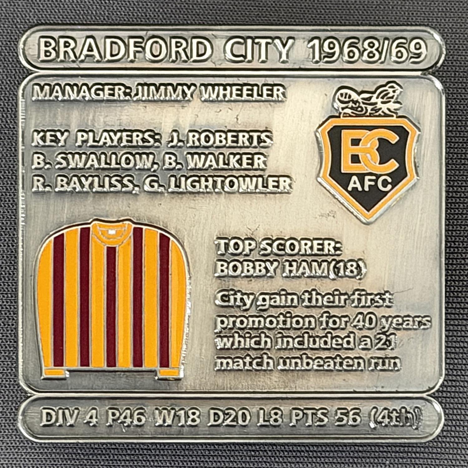 Reference Number: BCDEC135
Size: H 41.1 mm x W 42 mm
Pin Type: Double Metal Clutch
Plating: Antique Silver
Value: £8
Manufacturer: Historic Sports Badges Ltd
Comments: 1968/69 Season