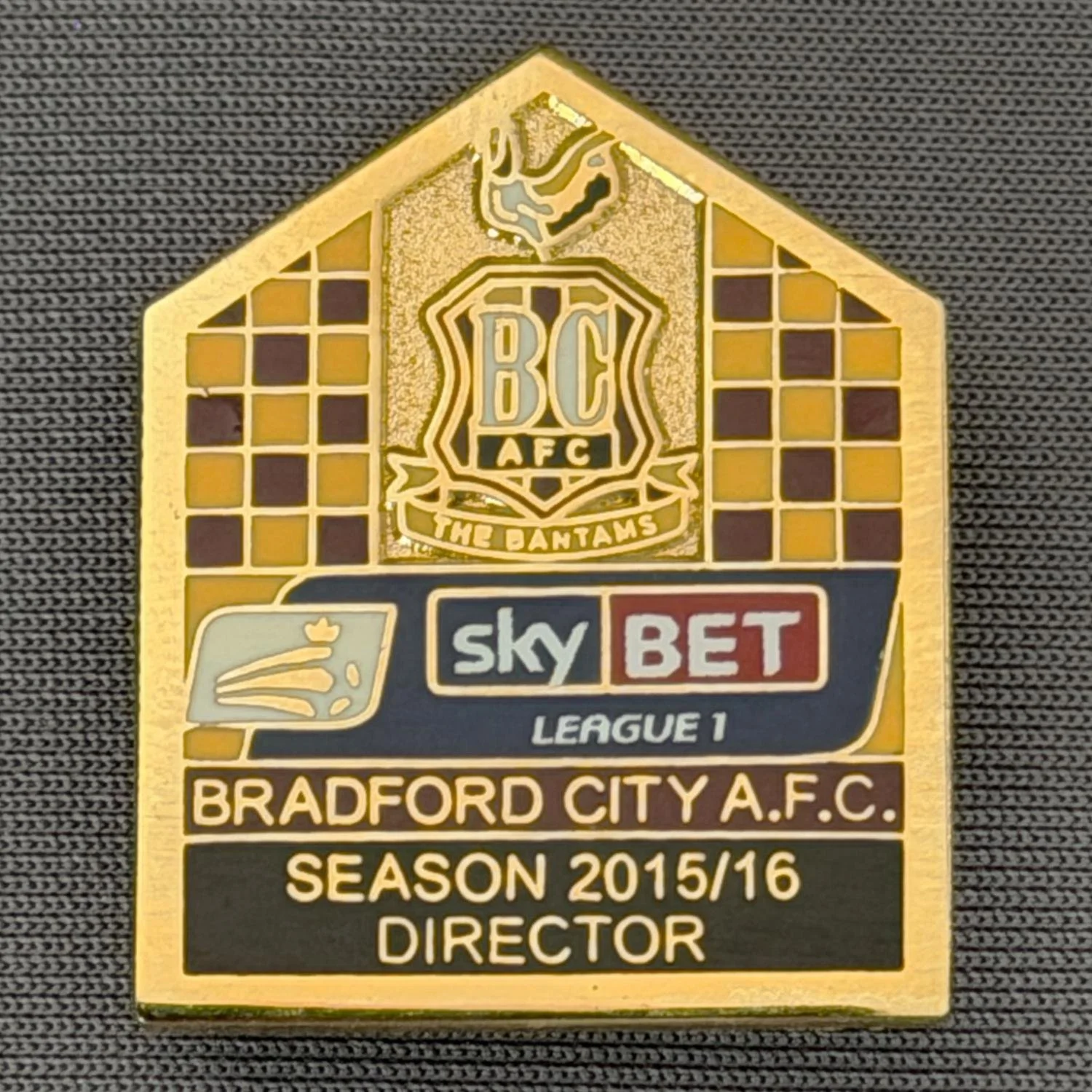 Reference Number: BCDIR008
Size: H 29.2 mm x W 23.6 mm
Pin Type: Brooch Pin
Plating: Gold
Value: £50
Manufacturer: Bradford City Badges
Comments: Worn by Owners Mark Lawn & Julian Rhodes