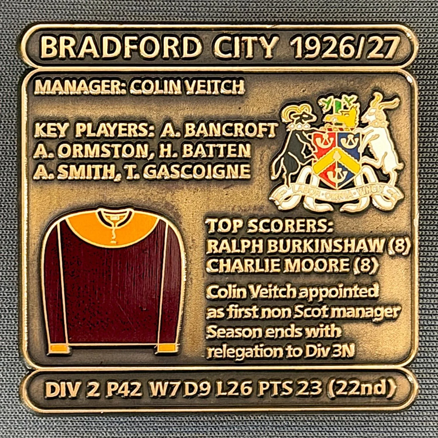 Reference Number: BCDEC043
Size: H 41.1 mm x W 42 mm
Pin Type: Double Metal Clutch
Plating: Antique Gold
Value: £8
Manufacturer: Historic Sports Badges Ltd
Comments: 1926/27 Season