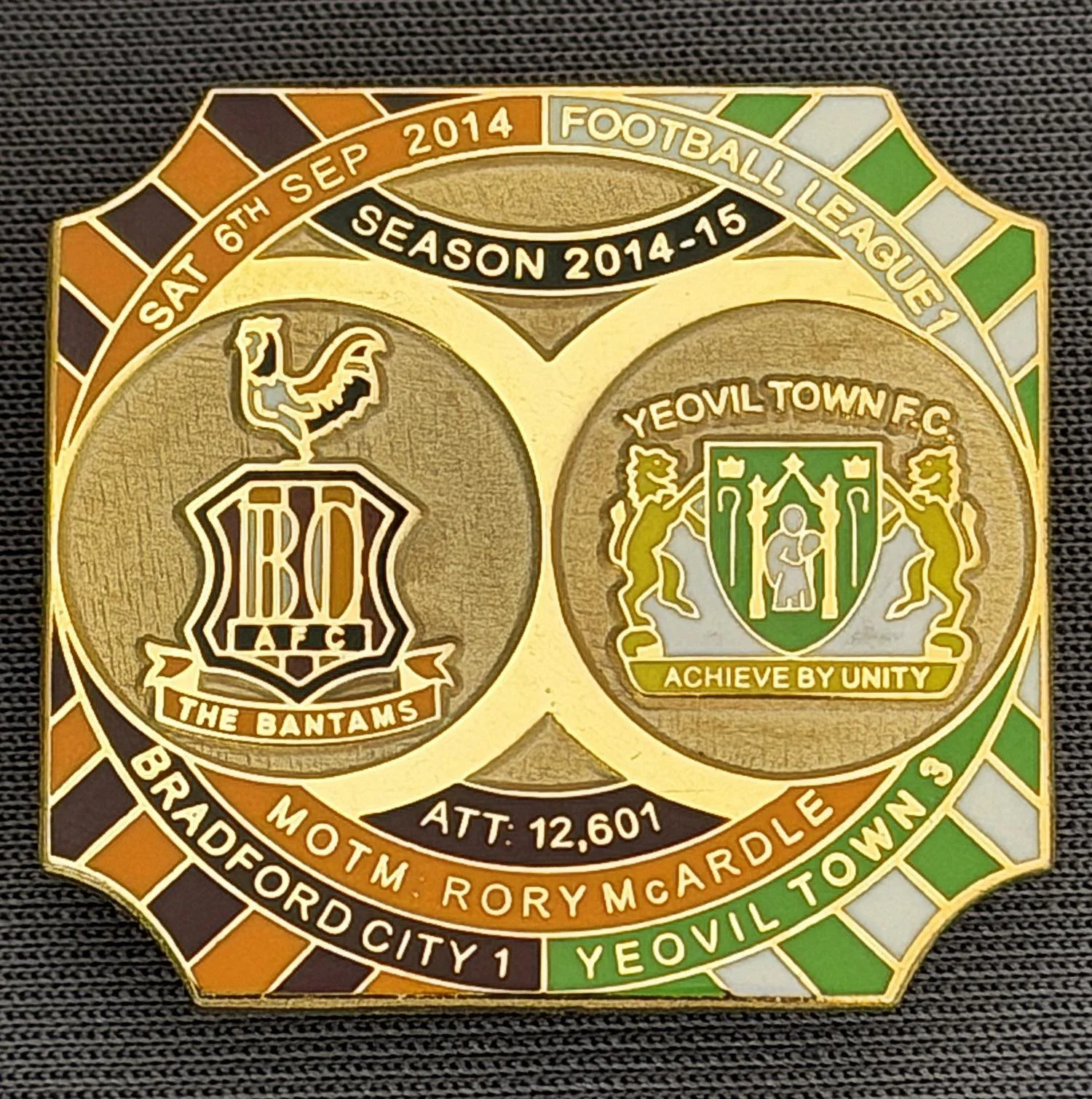 Reference Number: BCFIX256
Size: H 26.8 mm x W 28.8 mm
Pin Type: Brooch Pin
Plating: Gold
Value: £8
Manufacturer: Bradford City Badges
Comments: Bradford City v Yeovil Town 2014/15, Limited Edition of 50 Badges (Gold Version)