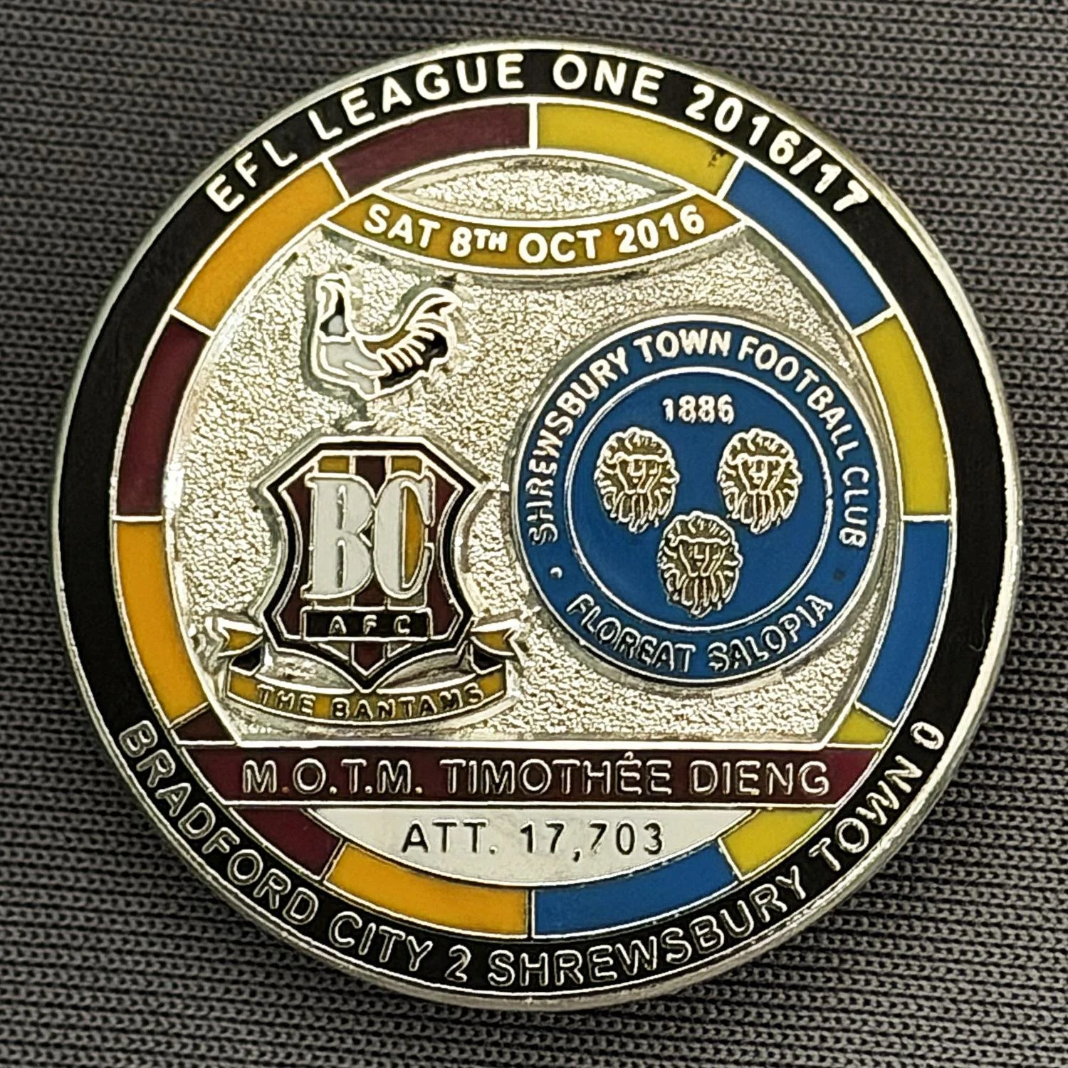 Reference Number: BCFIX397
Size: D 29.4 mm
Pin Type: Brooch Pin
Plating: Nickel
Value: £10
Manufacturer: Bradford City Badges
Comments: Bradford City v Shrewsbury Town 2016/17, Limited Edition of 10 Badges (Nickel Version)