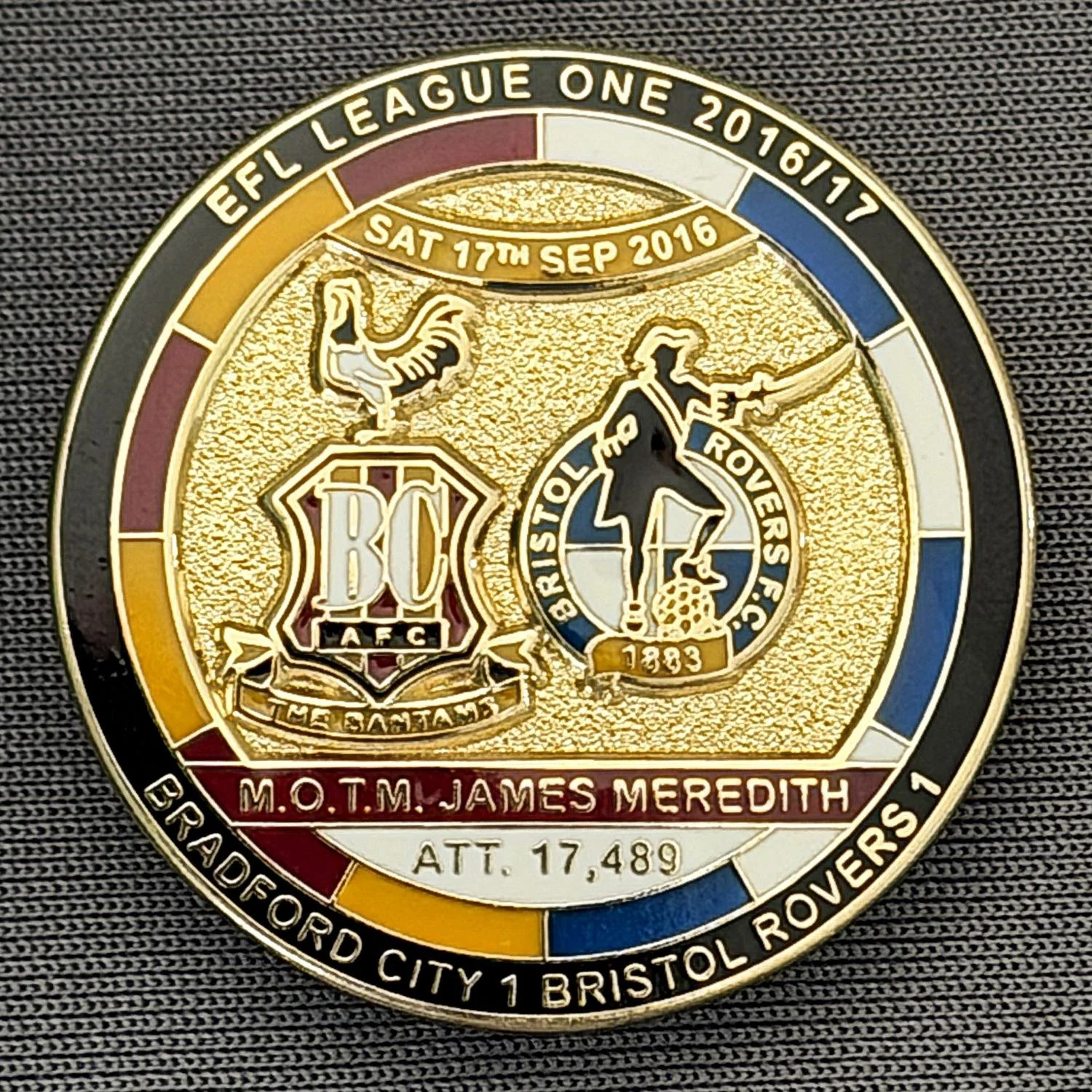 Reference Number: BCFIX372
Size: D 29.4 mm
Pin Type: Brooch Pin
Plating: Gold
Value: £8
Manufacturer: Bradford City Badges
Comments: Bradford City v Bristol Rovers 2015/16, Limited Edition of 50 Badges (Gold Version)