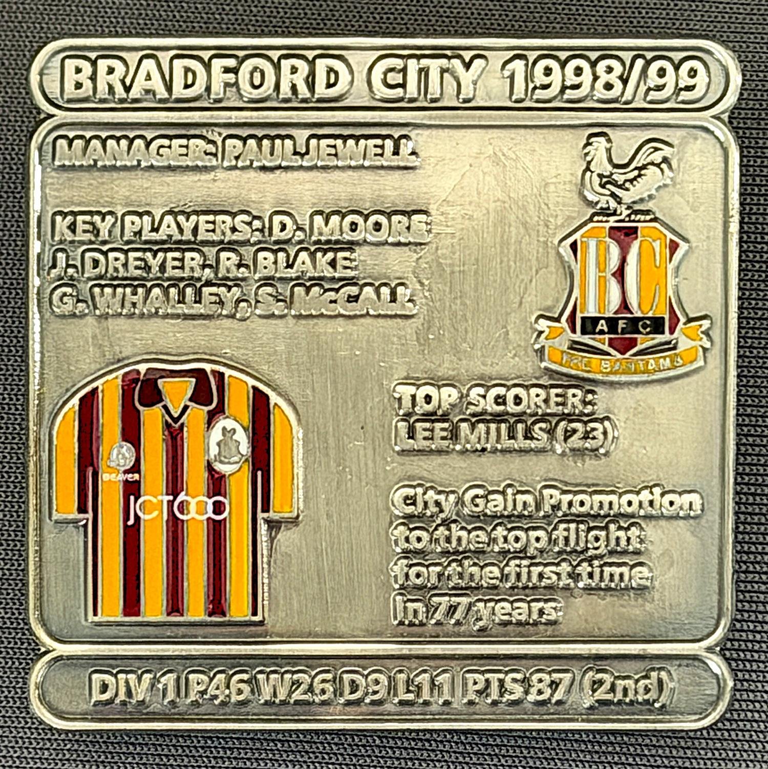 Reference Number: BCDEC195
Size: H 41.1 mm x W 42 mm
Pin Type: Double Metal Clutch
Plating: Antique Silver
Value: £8
Manufacturer: Historic Sports Badges Ltd
Comments: 1988/89 Season. Promotion to Premier League