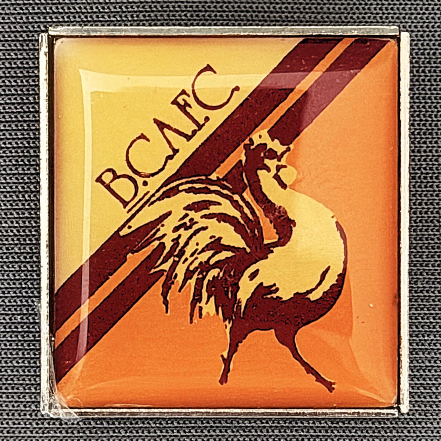 Reference Number: BCBAN004
Size: H 26.6 mm x W 25.2 mm
Pin Type: Brooch Pin
Plating: Chrome
Value: £10
Manufacturer: Unknown
Comments: Plastic Dome Bantam Crest