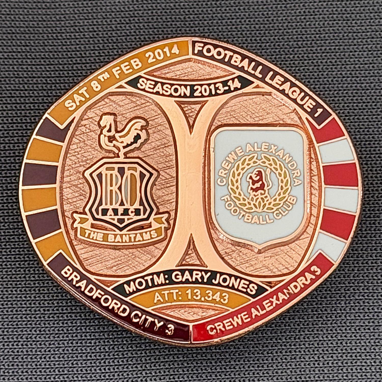 Reference Number: BCFIX245
Size: H 26.3 mm x W 28.9 mm
Pin Type: Brooch Pin
Plating: Copper
Value: £12
Manufacturer: Bradford City Badges
Comments: Bradford City v Crewe Alexandra 2013/14, Limited Edition of 1 Badge (Copper Version)