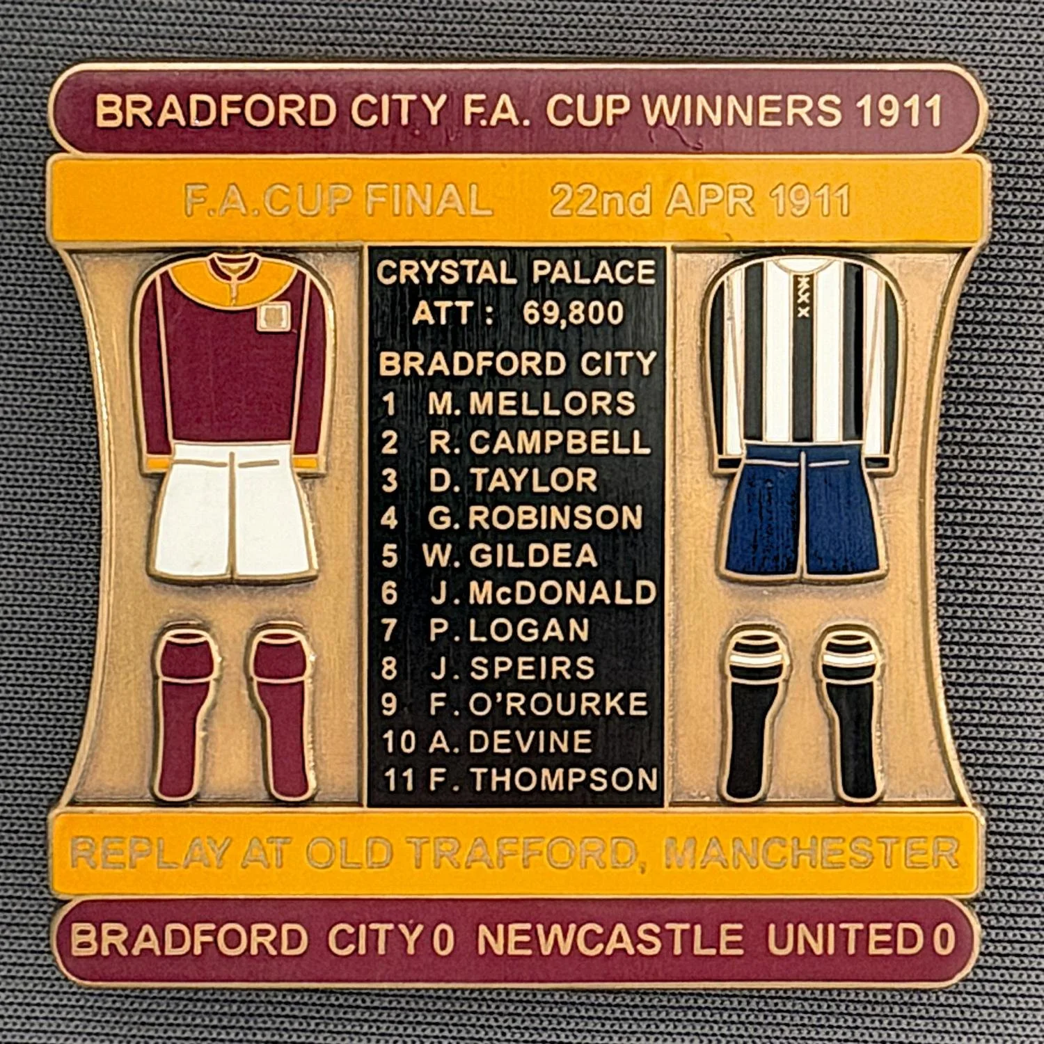 Reference Number: BCFAC022
Size: H 41.8 mm x W 42.2 mm
Pin Type: Double Metal Clutch
Plating: Antique Gold
Value: £15
Manufacturer: Bradford City Badges
Comments: 1911 F.A. Cup Final v Newcastle United, Black Centre, Limited Edition of 2