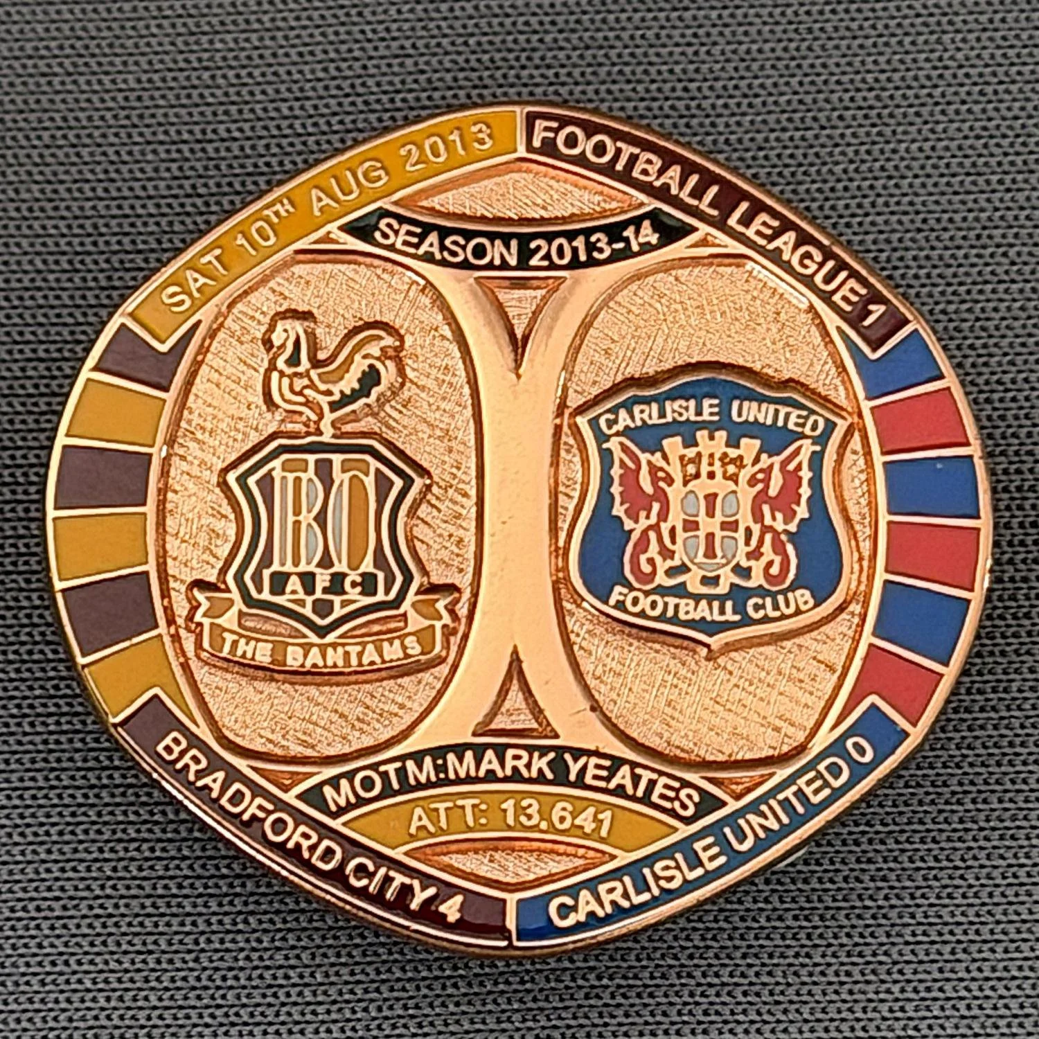 Reference Number: BCFIX231
Size: H 26.3 mm x W 28.9 mm
Pin Type: Brooch Pin
Plating: Copper
Value: £12
Manufacturer: Bradford City Badges
Comments: Bradford City v Carlisle United 2013/14, Limited Edition of 1 Badge (Copper Version)