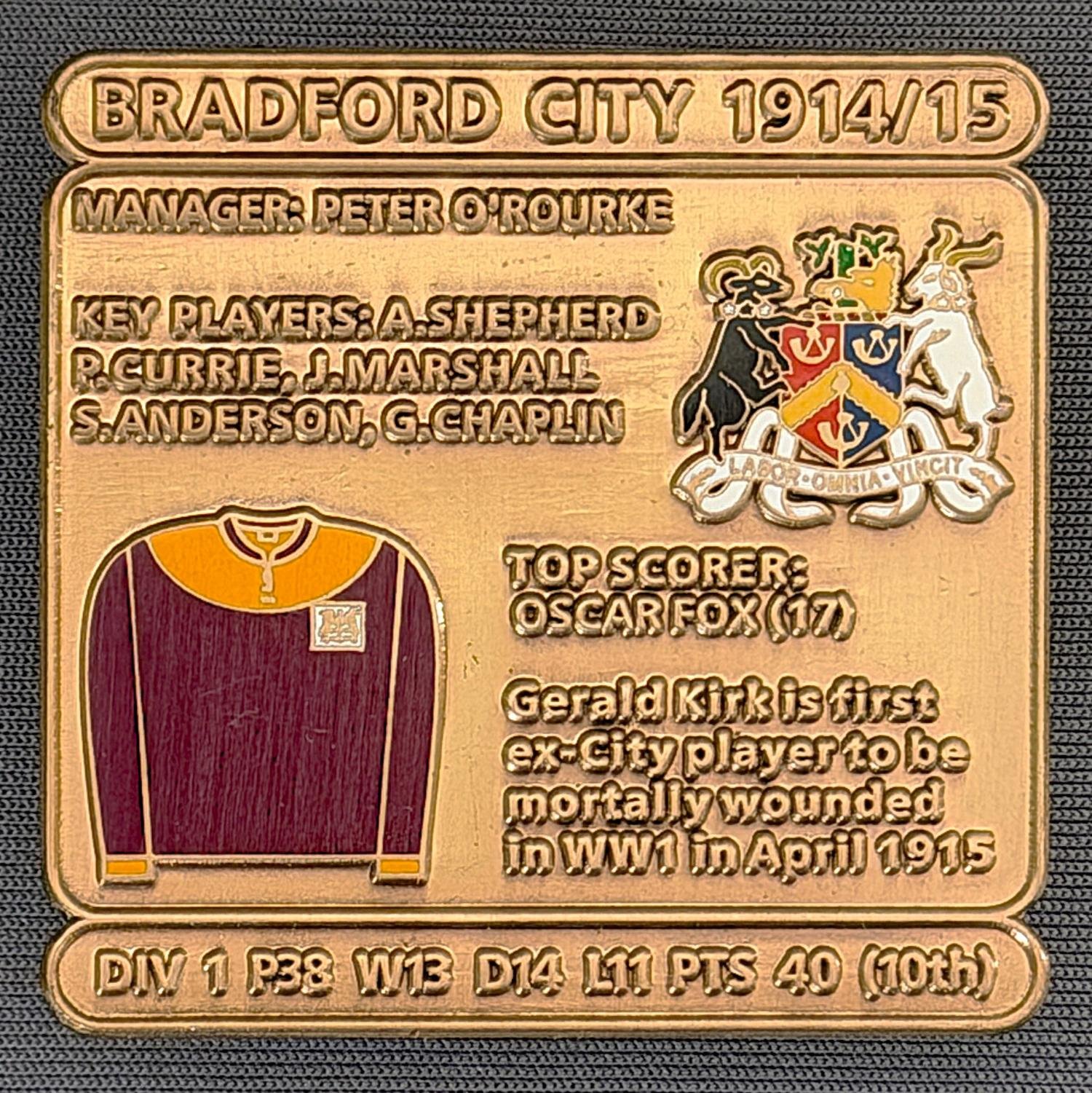 Reference Number: BCDEC021
Size: H 41.1 mm x W 42 mm
Pin Type: Double Metal Clutch
Plating: Antique Gold
Value: £8
Manufacturer: Historic Sports Badges Ltd
Comments: 1914/15 Season
